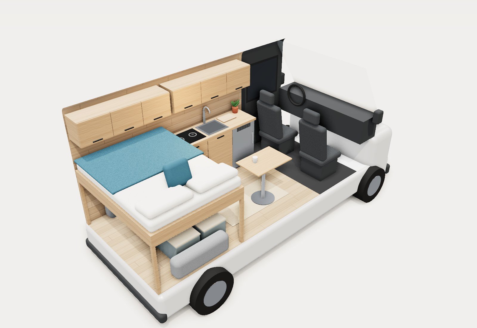 Ausgebauter Van in 3D: festes Bett, Eichenküche, Hängeschränke